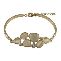 Mother Of Pearl Cat's Eye Stone With White Crystal, Heart Design, Gold Plated Brass Bangle Bracelet,
