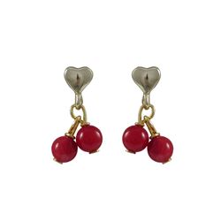 Two Red 4Mm Balls On Gold Plated Sterling Silver Heart Post Earrings, 0.59"