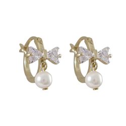 White CZ Bow, White 4Mm Pearl Dangling, Gold Plated Sterling Silver Baby Leverback Earrings, 0.59"