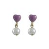 Image 1 : Lavender Enamel Heart, Gold Over Sterling Silver Post Earring, Dangling Pearl