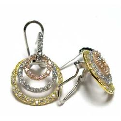 Tri Color Sterling Silver CZ Three Open Circles Omega Clip Earrings, 0.94"