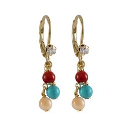 Genuine Red Coral, Turquoise, And Peach 4Mm Balls Dangling, Gold Plated Surgical Steel Lever Back Wi
