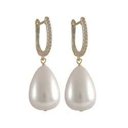 White 13X18mm Teardrop Shell Pearl, On Gold Plated Sterling Silver CZ Lever Back Earrings, 1.41"