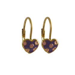 Enamel Purple Heart With Pink Dots-Gold Plated Brass Lever Back Earrings-15M