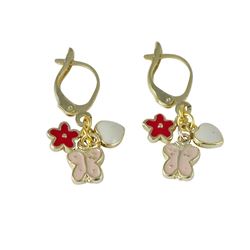 Red Flower, Light Pink Butterfly, And White Heart On Gold Plated Brass Lever Back Earrings, 1.26"