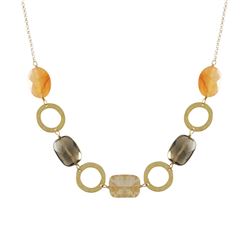 Smokey And Carnelian Combination Semi Precious Stones With Open Rings On Gold Plated Brass Chain Nec
