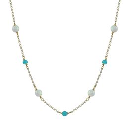 Assorted 6Mm Opal Balls And 4Mm Blue Balls Gold Tone Brass Necklace -16