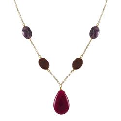 Ruby Teardrop Semi Precious Stone Y Necklace, Gold Plated Brass Chain, 18