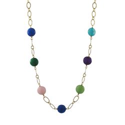 Dark Multi Color Combination Semi Precious 10Mm Round Flat Stones On Gold Plated Brass Link Chain, N