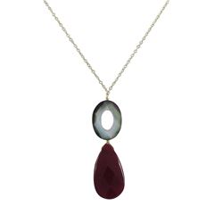 Garnet Teardrop And Grey Mother Of Pearl Open Oval Semi Precios Stones, Gold Plated Brass Y Necklace