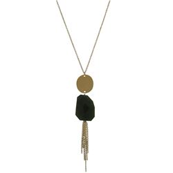 Green Jade Semi Precious Stone And 1.25" Round Gold Coin Tassel Necklace On Gold Plated Brass Chain,