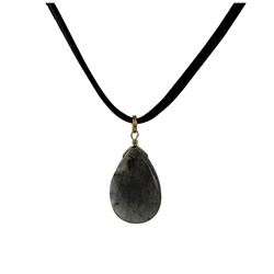 Elabradorite(Grey) Semi Precious Teardrop Stone On Black Suede Chain Necklace- 16