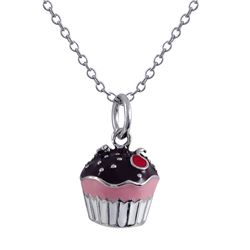 White, Light Pink, Brown Enamel Cupcake Charm Pendant On Silver Brass Chain- 13
