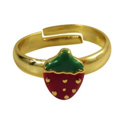 Red & Green Enamel Strawberry, Gold Tone Brass Ring, Adjustable Size 3-4