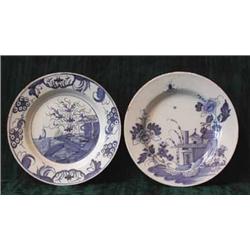 Two English Delft plates blue painted with chinoiserie style landscapes (part af)...