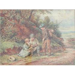 After Birkett Foster; A gilt framed and glazed 19th century watercolour depicting children bird...