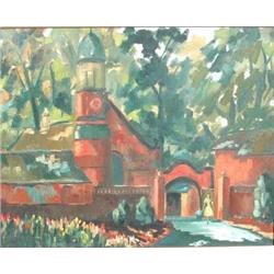 Herbert Finn; A framed and glazed oil on canvas depicting figures outside a church, signed, 38.5...