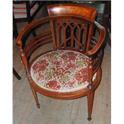 A fine Edwardian inlaid mahogany bow back tub chair with gothic arched back and satinwood inlaid...