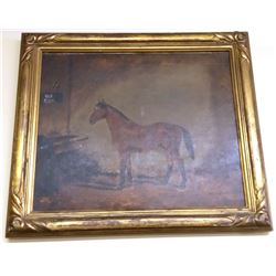Antique American Oil on Canvas Painting (Horse in the Barn) 29x26"