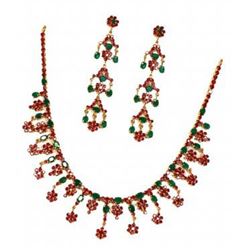 22K Gold/SS Natural Ruby & Emerald Necklace & Earring Jewelry Suite Set
