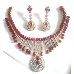 22K Gold/SS Natural Ruby & White Sapphire Necklace & Earring Suite