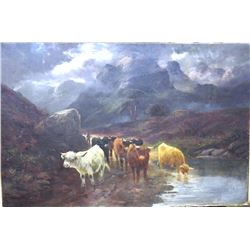 Antique c1920 Signed Oil on Canvas Cow's Along a Stream 30x24", 4-lbs