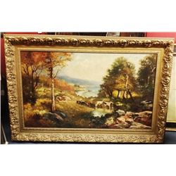 Antique c1923 Signed American Oil Painting Cows by the Stream Scene in Gilt Frame 60x42" inches, 25-