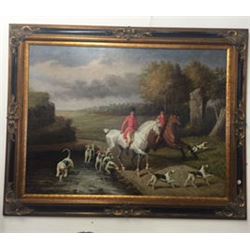 Antique English Fox Hunting Oil on Canvas Painting, 58x46"