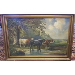 Original English c1890 Signed Oil on Canvas (Cows by a Stream), 30x24"