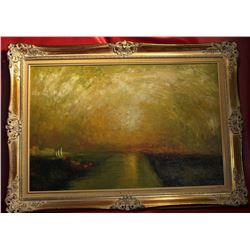 Original Framed Signed Oil on Canvas Sunset by Cheng Hou c1970, 43x32"