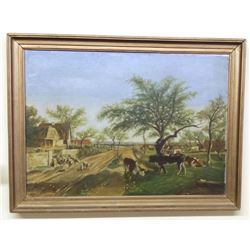Antique Signed Oil on Canvas: Farmhouse Setting with Cows Grazing 22x21", 4-lbs