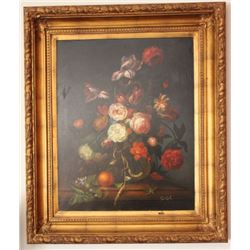 Flemish Oil on Canvas "Blumen in Einer Vase" in Gilt Frame 40x34"