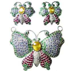 Platinum/SS Natural Gemstone Pendant & Earring Jewelry Suite