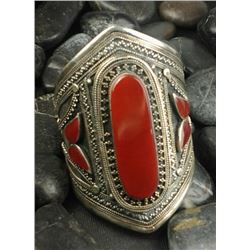 Huge Vintage Tibetan Silver Carnelian Cuff