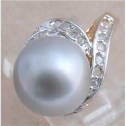 Certified Vintage 14K Gold Tahitan Pearl & Diamond Ring 9-gr