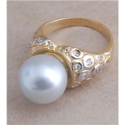 Certified Vintage 14K Gold Tahitan Pearl & Diamond Ring 9-gr