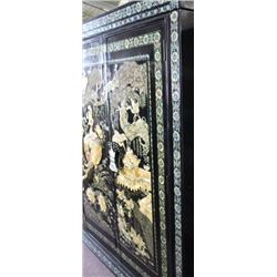 Old XXLg Lacquered Korean Cabinet w. Elaborate Pearl, Bird & Flower Scene