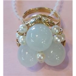 Vintage Dramatic 14K Gold Icy Jade & Akoya Pearl Ring
