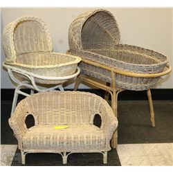 WICKER DOLL SET INCL 2 BASSINETS  AND BENCH