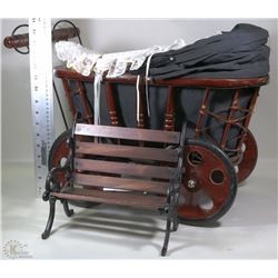 WICKER DOLL CARRIAGE WITH BENCH 9"X9"