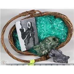 BASKET WITH 3 SOAPSTONE CARVINGS 2 SIGNED BY THE
