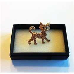 GOLD TONE KITTY CAT CRYSTAL BROOCH