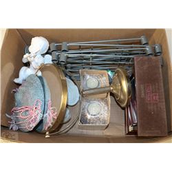 BOX OF ESTATE INCLUDING NEW CANDLE HOLDERS FREE