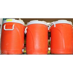 3 LARGE ORANGE RUBBERMAID COOLERS