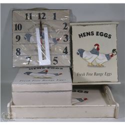 WOOD HENS TRAY, KEY HOLDER , BOX , CLOCK SET