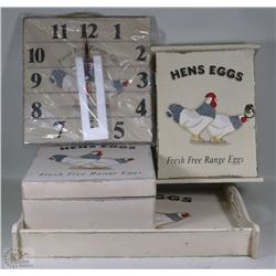 WOOD HENS TRAY, KEY HOLDER , BOX , CLOCK SET