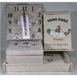 WOOD HENS TRAY , KEY HOLDER , BOX , CLOCK SET