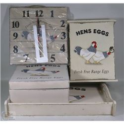 WOOD HENS TRAY, KEY HOLDER , BOX , CLOCK SET