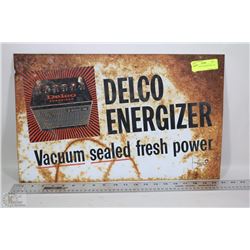 VINTAGE METAL DELCO ENERGIZER BATTERY SIGN 21"x13"