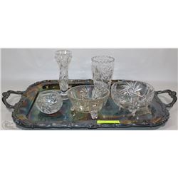 SILVER PLATED TRAY WITH 5PC OF PINWHEEL CRYSTAL